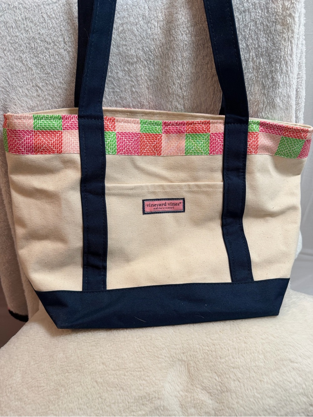 Vineyard Vines Cream Canvas Tote with Navy Base and Pink & Green Trim